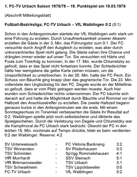 FCTV Urbach Saison 1978 79 19. Spieltag FC-TV Urbach VfL Waiblingen 18.03.1979