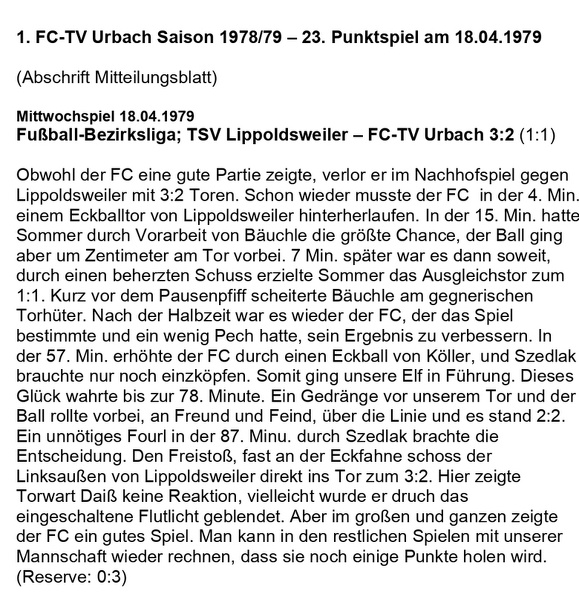 FCTV Urbach Saison 1978 79 23. Spieltag TSV Lippoldsweiler FC-TV Urbach 18.04.1979