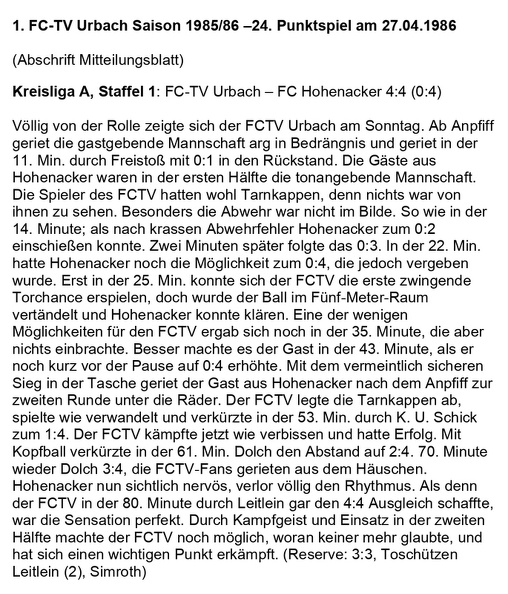 FCTV Urbach Saison 1985 86 FCTV Urbach FC Hohenacker 24. Spieltag am 27.04.1986