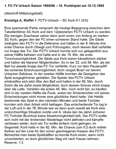 FCTV Urbach Saison 1985 86 FCTV Urbach SC Korb 15. Spieltag am 15.12.1985