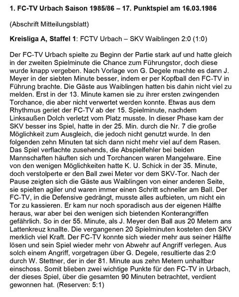 FCTV Urbach Saison 1985 86 FCTV Urbach SKV Waiblingen 19. Spieltag am 16.03.1986