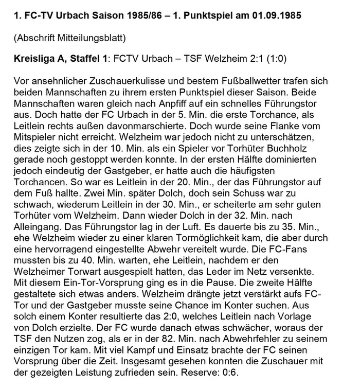 FCTV Urbach Saison 1985 86 FCTV Urbach TSF Welzheim 1. Spieltag am 01.09.1985