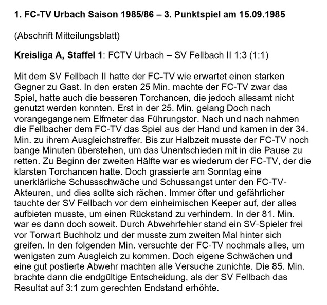 FCTV Urbach Saison 1985 86 FCTV Urbach SV Fellbach II 3. Spieltag am 15.09.1985