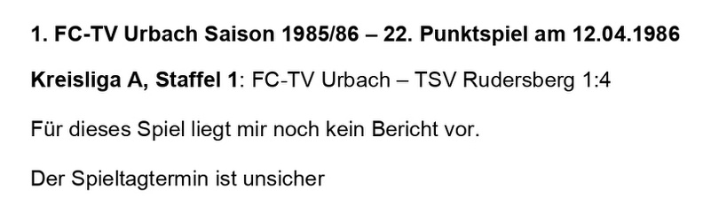 FCTV Urbach Saison 1985 86 FCTV Urbach TSV Rudersberg 22. Spieltag am 12.04.1986