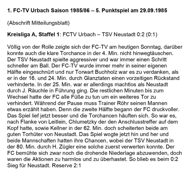 FCTV Urbach Saison 1985 86 FCTV Urbach TSV Neustadt FCTV Urbach 5. Spieltag am 29.09.1985