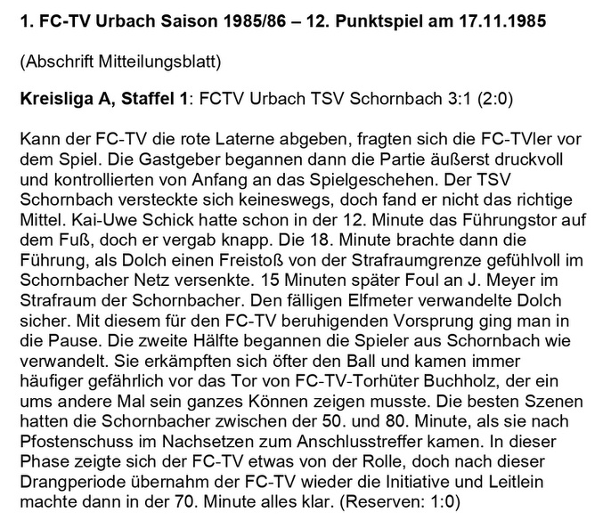 FCTV Urbach Saison 1985 86 FCTV Urbach TSV Schornbach 12. Spieltag am 17.11.1985