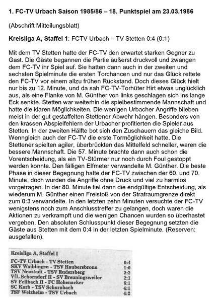 FCTV Urbach Saison 1985 86 FCTV Urbach TV Stetten am 23.03.1986