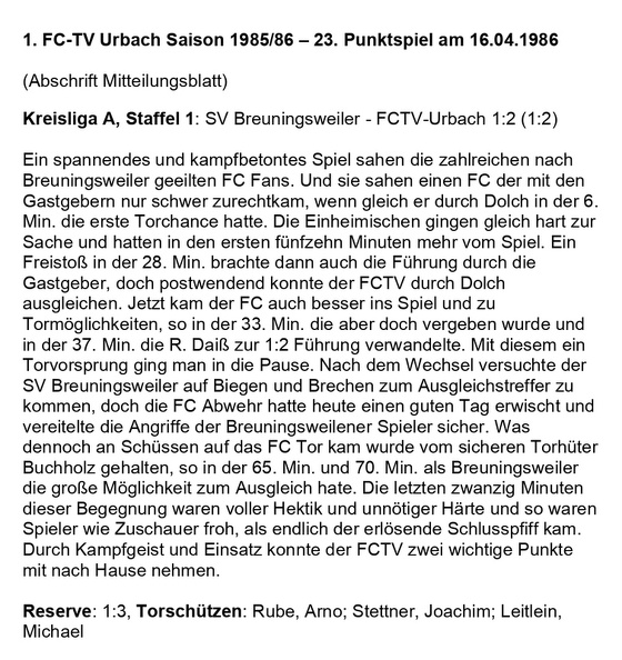 FCTV Urbach Saison 1985 86 SV Breuningsweler FCTV Urbach 22. Spieltag am 16.04.1986