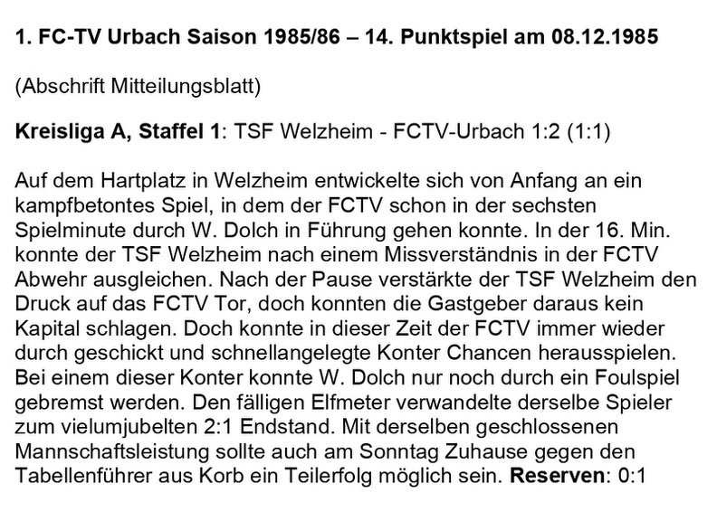 FCTV Urbach Saison 1985 86 TSF Welzheim FCTV Urbach 14. Spieltag am 08.12.1985