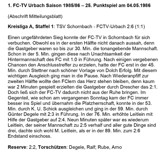 FCTV Urbach Saison 1985_86 TSV Schornbach FCTV Urbach 25. Spieltag am 04.05.1986.jpg