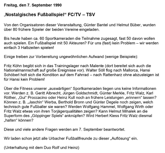 Nostalgisches Fussballspiel 07.09.1990 Vorschautext Abschrift