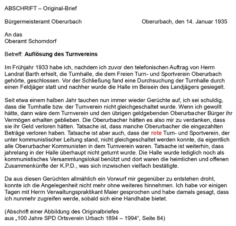 Brief vom Buergermeister am Oberamt Aufloesung des Freien Turn- und Sportvereins Oberurbach