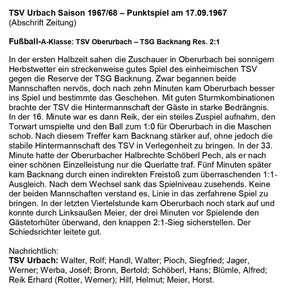 TSV Urbach Saison 1967 1968 TSV Oberurbach TSG Backnang Res. 17.09.1967