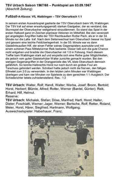 TSV Urbach Saison 1967 1968 VfL Waiblingen TSV Oberurbach 03.09.1967