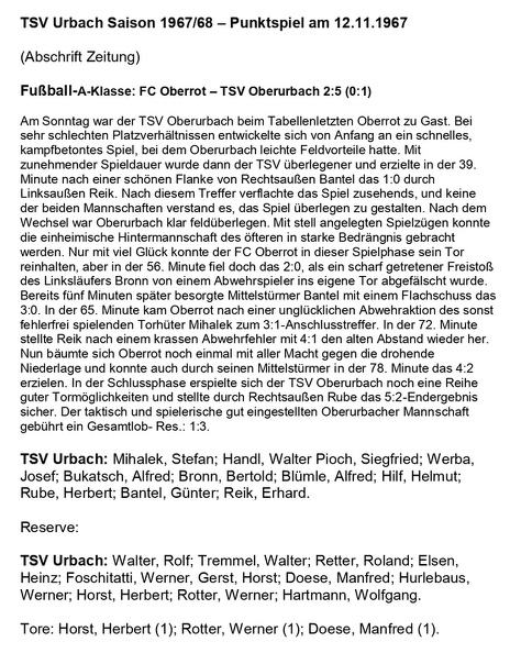 TSV Urbach Saison 1967 1968 FC Oberrot TSV Oberurbach 12.11.1967