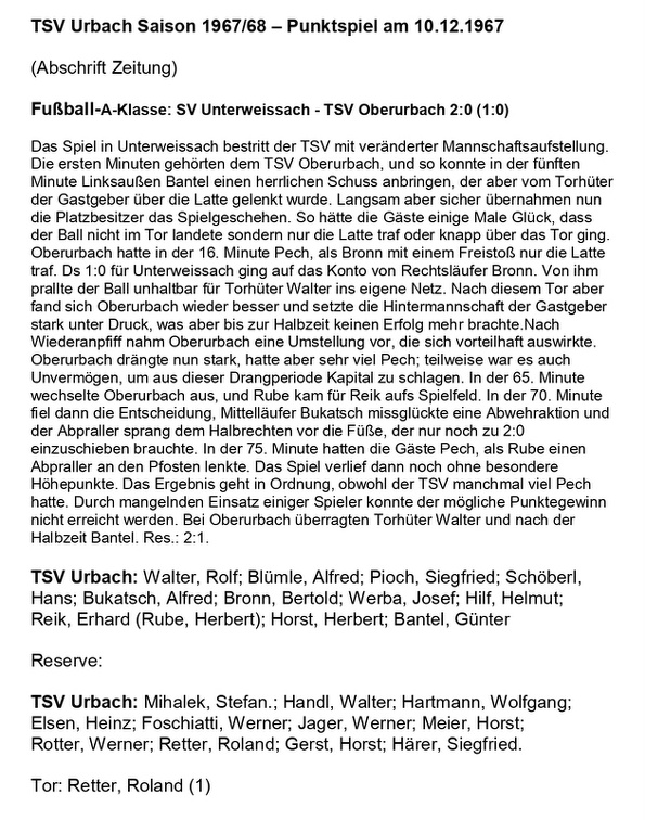 TSV Urbach Saison 1967 1968 SV Unterweissach TSV Oberurbach 10.12.1967