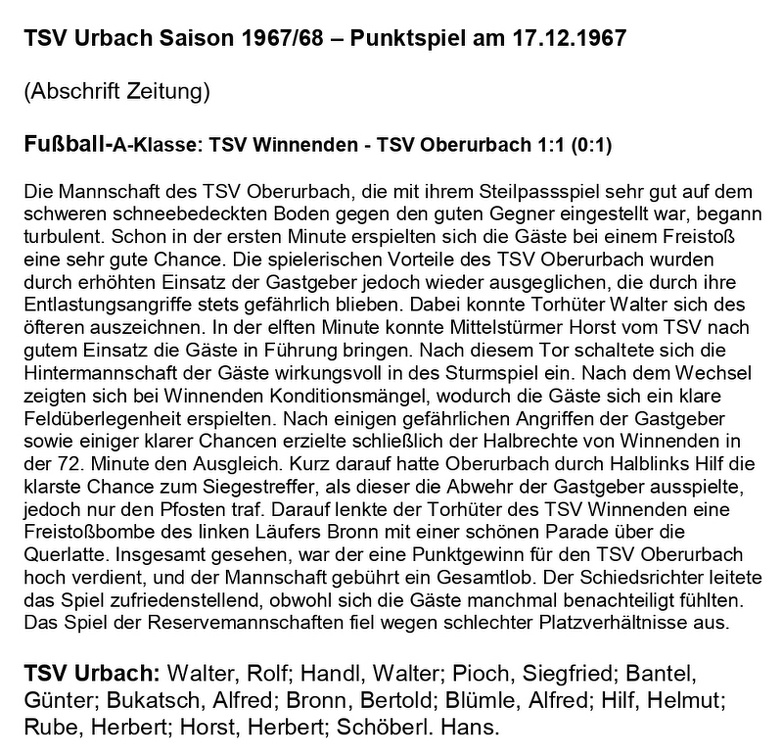 TSV Urbach Saison 1967 1968 TSV Winnenden TSV Oberurbach 17.12.1967