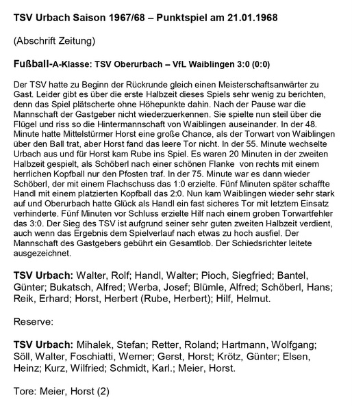 TSV Urbach Saison 1967 1968 TSV Oberurbach VfL Waiblingen 21.01.1968
