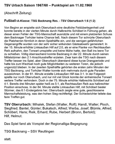 TSV Urbach Saison 1967 1968 TSG Backnang Res. TSV Oberurbach 11.02.1968