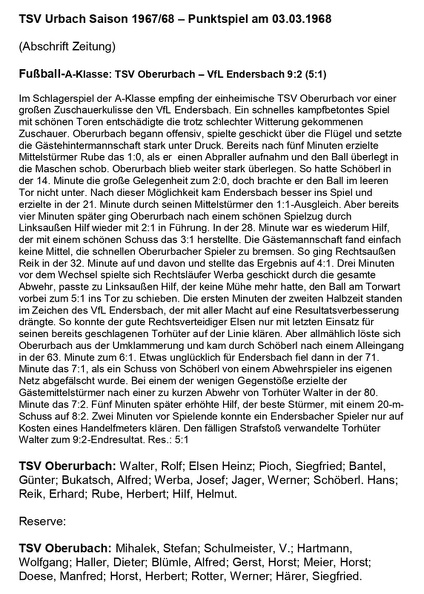 TSV Urbach Saison 1967 1968 TSV Oberurbach VfL Endersbach 03.03.1968