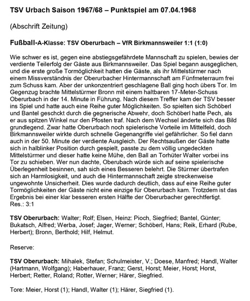 TSV Urbach Saison 1967 1968 TSV Oberurbach VfR Birkmannsweiler 07.04.1968