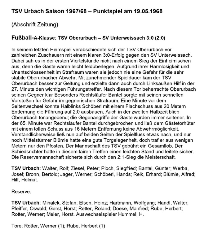 TSV Urbach Saison 1967 1968 TSV Oberurbach SV Unterweissach 19.05.1968