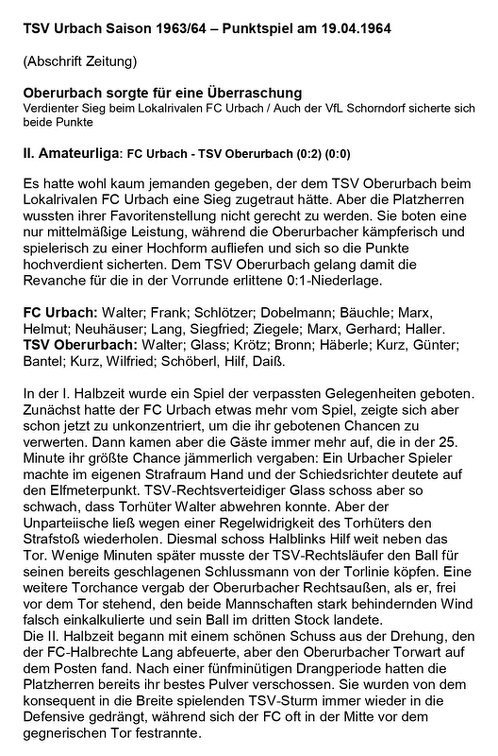 TSV Urbach Saison 1963 1964 FC Urbach TSV Oberurbach 19.04.1964 Seite 1