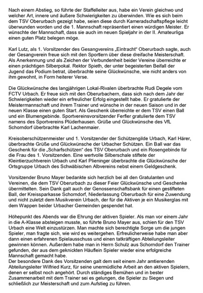 TSV Urbach Saison 1967 68 Meisterschaftsfeier Zeitungsbericht Seite 2