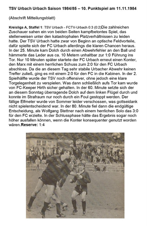 TSV Urbach Saison 1984 1985 TSV Urbach FCTV Urbach 10. Spieltag am 11.11.1984