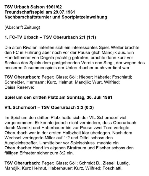 TSV Urbach Saison 1961 1962 FC Urbach TSV Oberubac 29.07.1961