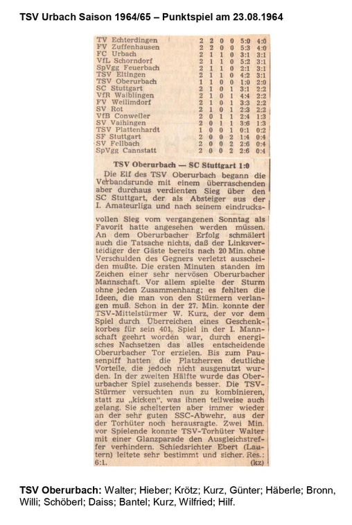 TSV Urbach Saison 1964 1965 TSV Oberurbach Stuttgarter SC 23.08.1964