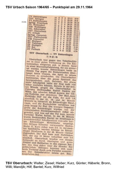 TSV Urbach Saison 1964 1965 TSV Oberurbach TV Echterdingen 29.11.1964