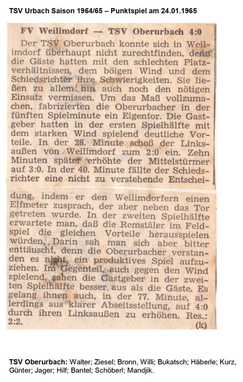 TSV Urbach Saison 1964 1965 FV Weilimdorf TSV Oberurbach 24.01.1965