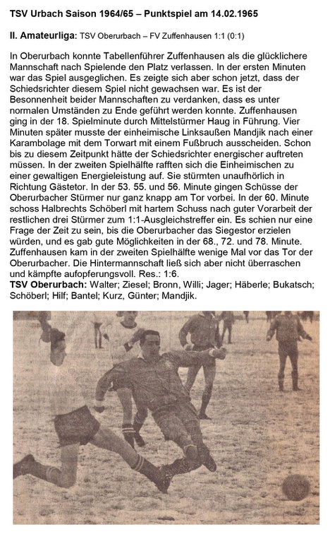 TSV Urbach Saison 1964 1965 TSV Oberurbach FV Zuffenhausen 14.02.1965