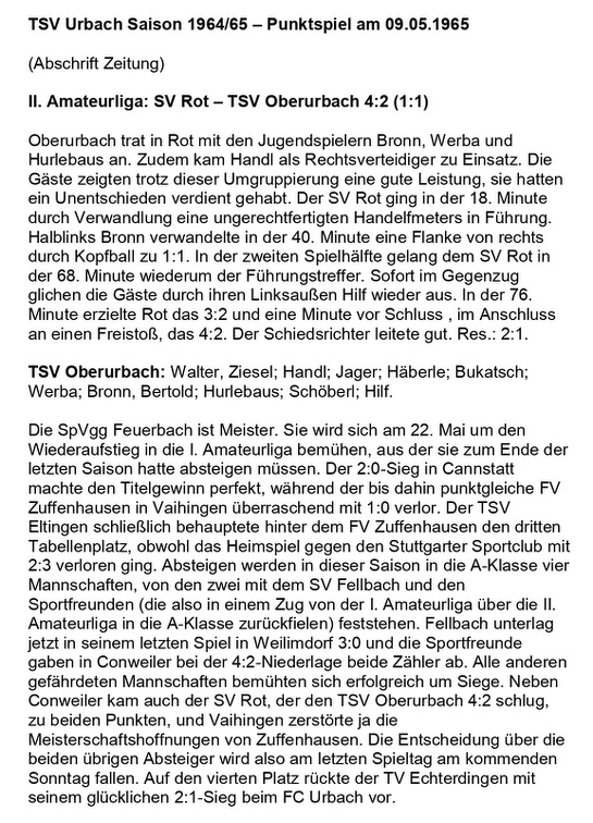 TSV Urbach Saison 1964 1965 SV Rot TSV Oberurbach 09.05.1965