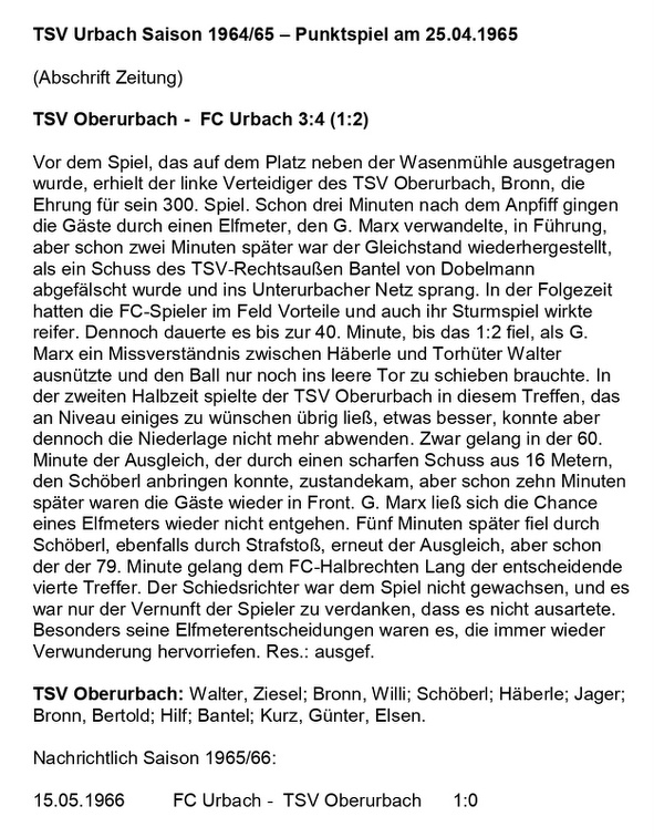 TSV Urbach Saison 1964 1965 TSV Oberurbach FC Urbach 25.04.1965