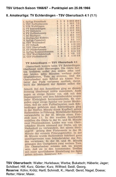 TSV Urbach Saison 1966 1967 TV Echterdingen TSV Oberurbach 25.09.1966