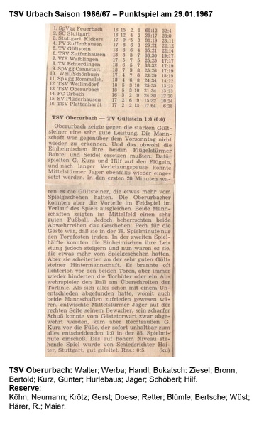TSV Urbach Saison 1966 1967 TSV Oberurbach TV Gueltstein 29.01.1967