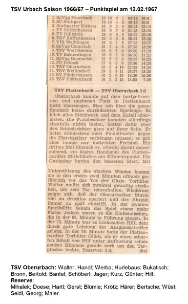 TSV Urbach Saison 1966 1967 TSV Plattenhardt TSV Oberurbach 12.02.1967