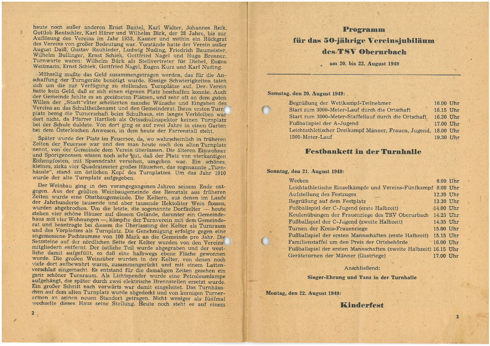 TSV Urbach Festschrift 50 Jahre 1949 Seite 2 und Seite 3