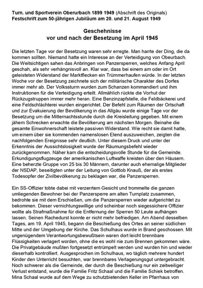 TSV Urbach Festschrift zum 50-jaehrigen Jubllaeum 1949 Geschehnisse vor und nach der Besetzung im April 1945 Seite 1