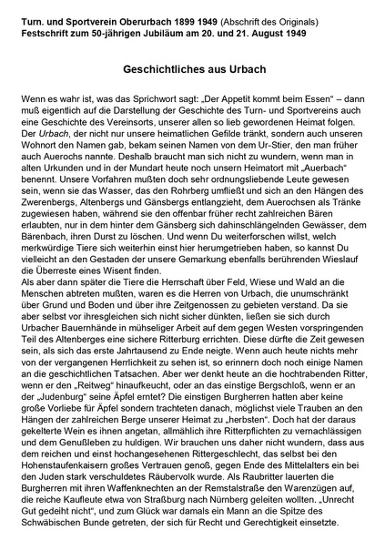 TSV Urbach Festschrift zum 50-jaehrigen Jubllaeum 1949 Geschichtliches aus Urbach Seite 1.jpg