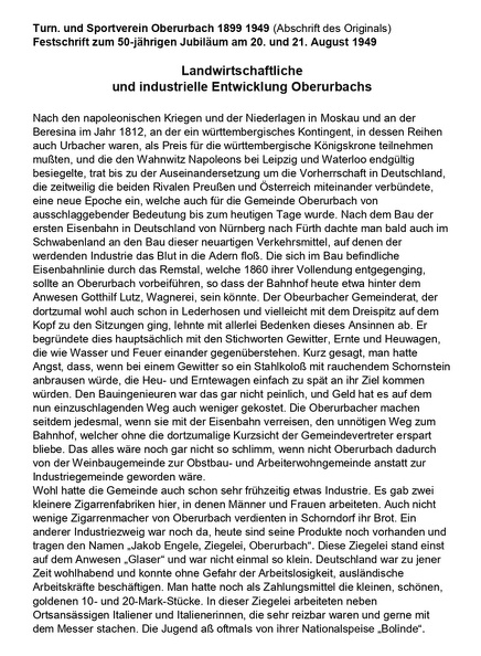 TSV Urbach Festschrift zum 50-jaehrigen Jubllaeum 1949 Landwirtschaftliche und industrielle Entwicklung Oberurbachs Seite 1.jpg