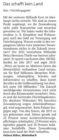 Leserbrief Helmut Bueber Zuwanderung WKZ 27.05.2023