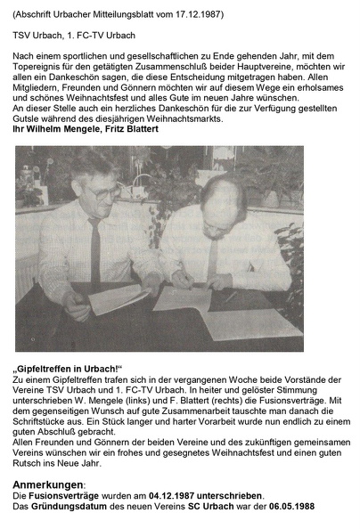 FCTV TSV Urbach Fusionsvertraege Unterzeichnung 04.12.1987