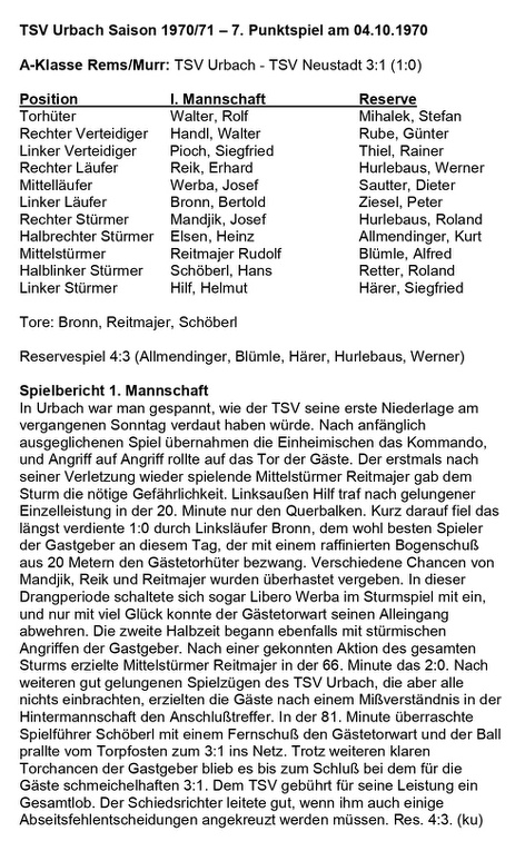TSV Urbach Saison 1970 1971 TSV Urbach  TSV Neustadt 04.10.1970