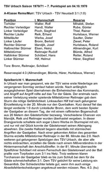 TSV Urbach Saison 1970 1971 TSV Urbach  TSV Neustadt 04.10.1970