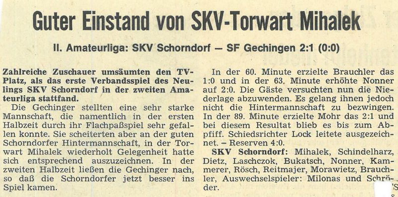 SKV Schorndorf Saison 1971 72 SKV Schorndorf SF Gechingen Original Spielbericht 15.08.1971