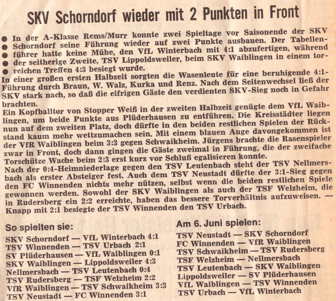 SKV Schorndorf Saison 1970 71 SKV Schorndorf VfL Winterbach 23.05.1917 Der 28 Spieltag