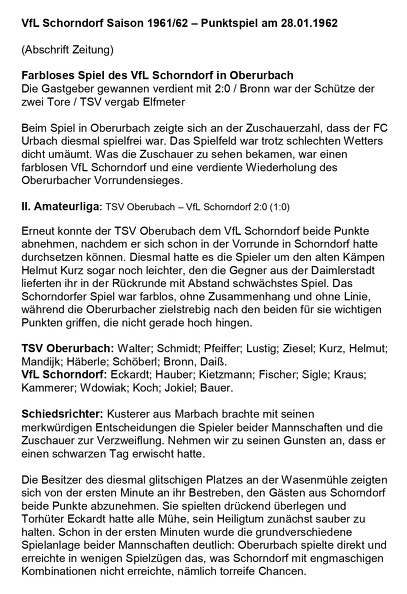 VfL Schorndorf Saison 1961 1962 TSV Oberurbach VfL Schorndorf 28.01.1962 Seite 1